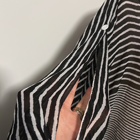 Charlie Paige Black/White/Gray Striped Sheer Poncho Cover-Up - Picture 3 of 5